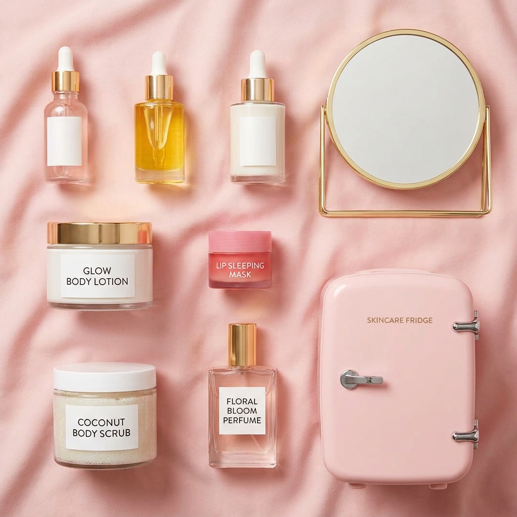 Beauty and self-care gift ideas for teenage girls including skincare products, body scrubs, and a pastel skincare fridge