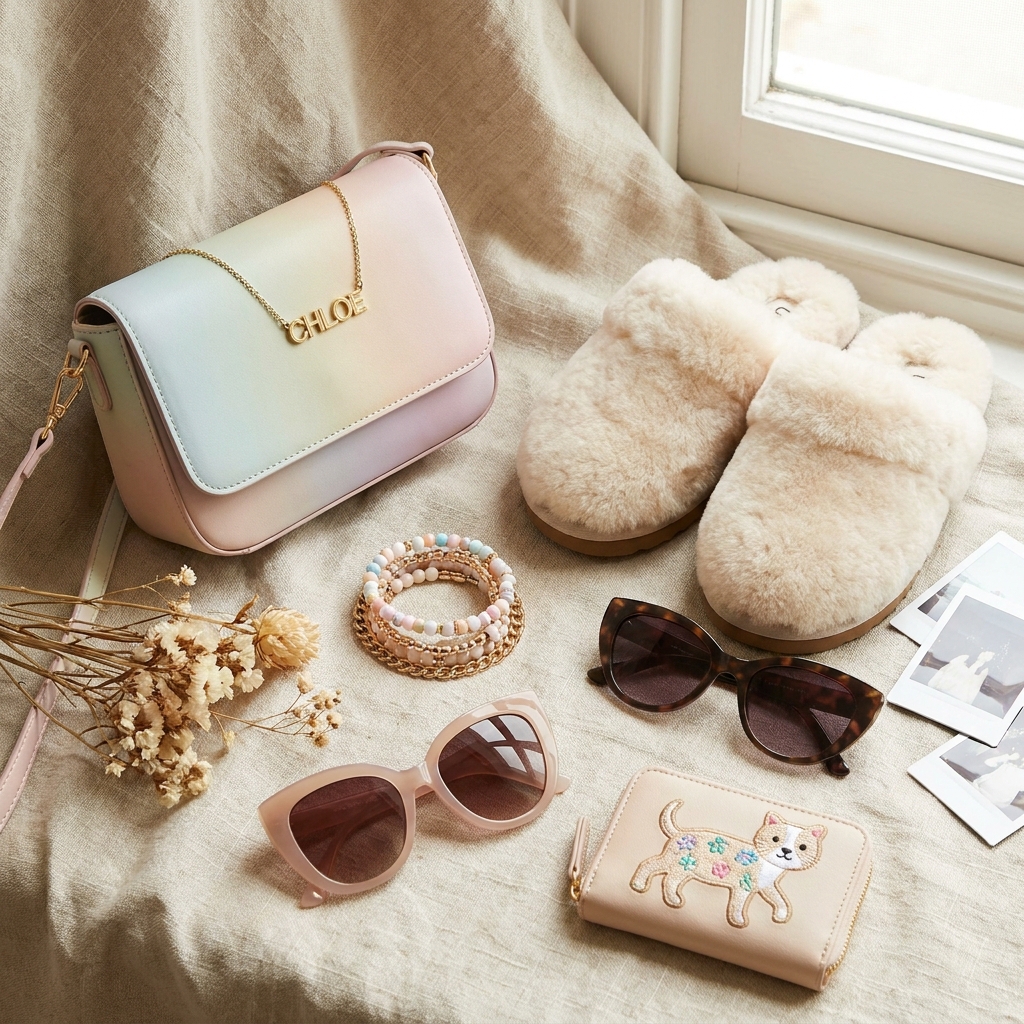 Fashion and accessories gift ideas for teenage girls including personalised jewellery, a stylish bag, and cosy UGG Tasman slippers