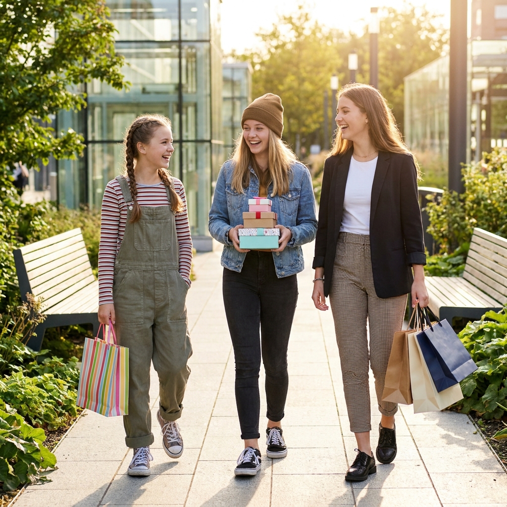 Three teenage girls of different ages laughing together, illustrating gift ideas for ages 13 to 18