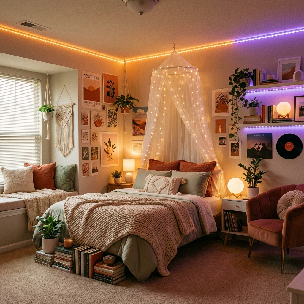 A teenage girl's bedroom with aesthetic room décor including LED lights, photo clips, and cosy accessories in soft warm tones
