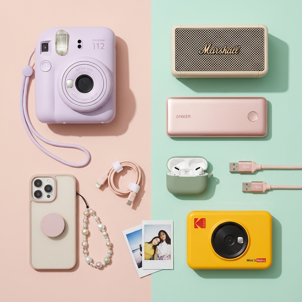 Flat lay of tech gift ideas for teenage girls including an instant camera, portable charger, and Bluetooth speaker on a pastel background