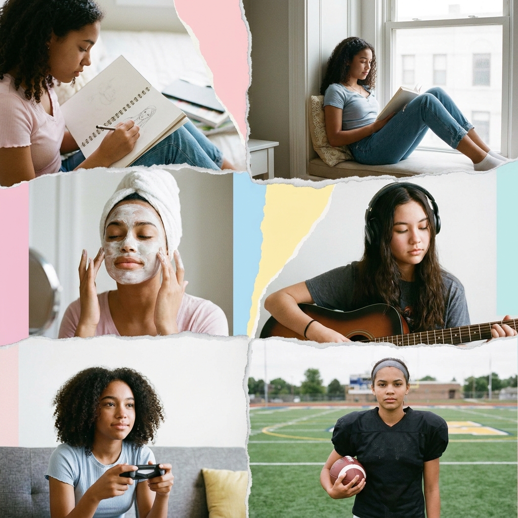Collage of different teenage girl personality types to guide personalised gift selection including artist, bookworm, athlete and beauty lover